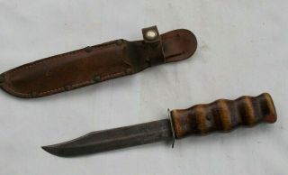 Vintage Antique 9 " Wood Handle Fixed Blade Knife & Leather Sheath Ribbed Handle