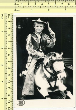 034 Boy In Cowboy Costume & Toy Gun Revolver Ride Coin Operated Horse Old Photo