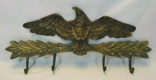 Vintage Brass Eagle Plaque With Coat Rack 4 Hooks Wall Mounted 19 " L X 9 " H