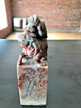 Vintage Chinese Carved Soapstone Lion Wax Stamp Chop Seal Fu Dog Lion W Turtle