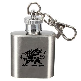 Laser Engraved 1oz Stainless Steel Hip Flask Key Ring With Welsh Dragon Design