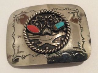 Vintage Native American Silver Tone Turquoise Coral Belt Buckle