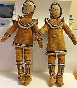 Vintage Alaska Koyukuk Dolls 14 1/2 " Tall Hand Sewn Leather & Bead Work