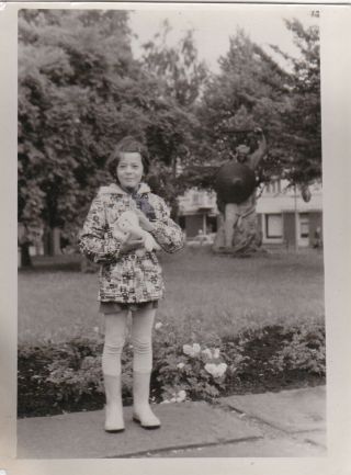 1970s Cute Little Girl W/ Toy Dog In Park Old Fashion Soviet Russian Photo