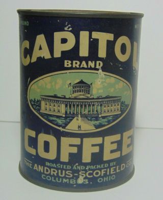 Rare Old Vintage 1930s Capitol Brand Graphic Coffee Tin One Pound Columbus Ohio