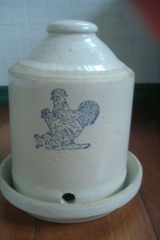 Antique Stoneware Crock Chicken Feeder With Base