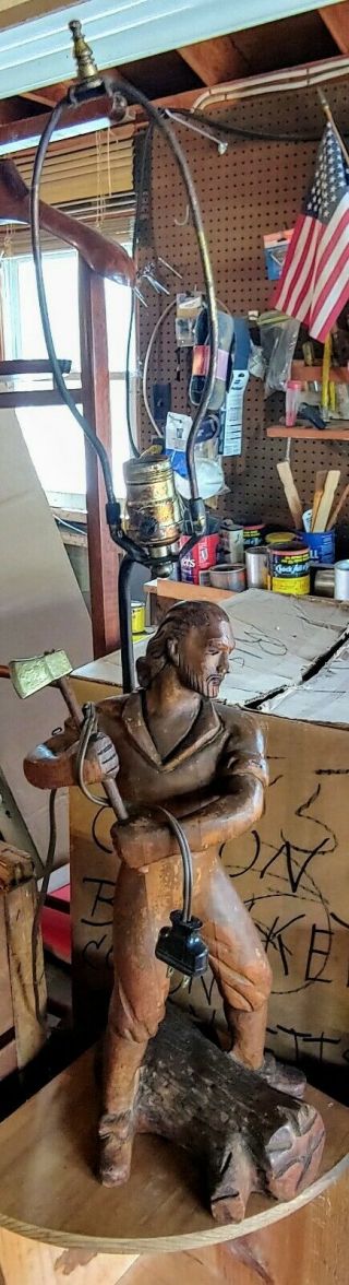 Antique Carved Wood Lumberjack Man W/axe Table Lamp One Of A Kind