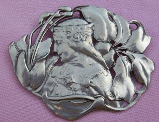 Big Vintage Antique Victorian Art Nouveau Sterling Silver Mucha Type Lady Brooch