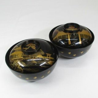 B476: Japanese Old Lacquer Ware Covered Bowl With Wonderful Makie