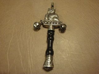 Vintage Victorian Silver Metal Baby Rattle Whistle Bells Cat Figure On Bed