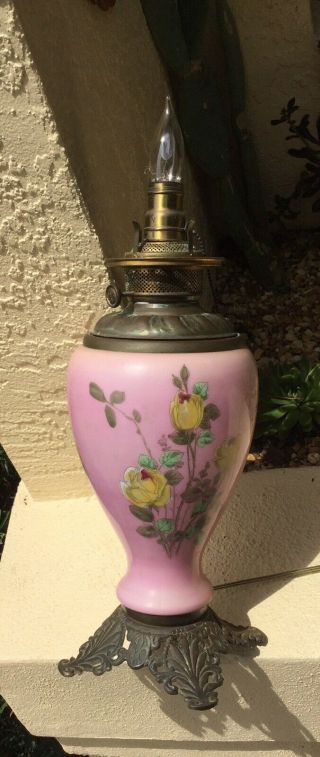 Antique 19th C Victorian Oil Lamp W Flower Painting On Pink Glass W Yellow Roses