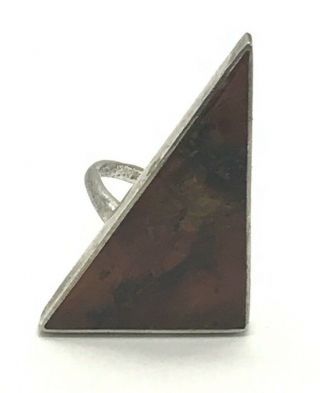 Vintage Sterling Silver 925 Triangle Honey Baltic Amber Modernist Cocktail Ring