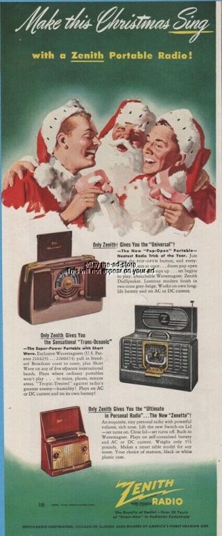 1948 Zenith Universal Trans Oceanic Zenette Radio Christmas Santa Claus Ad