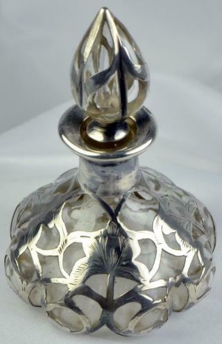 Alvin Art Nouveau Sterling Silver Overlay Steuben Lobed Perfume Bottle 4 "