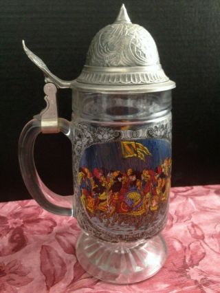 Vintage German Painted Glass Beer Stein Bmf Pewter Lid - Soldiers,  Horse