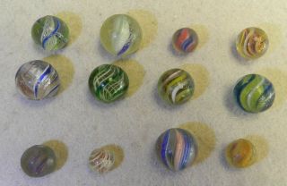 10223m Vintage Group Of 12 German Handmade Marbles.  48 To.  84 Inches