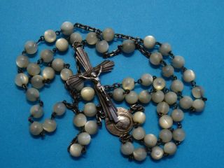 Antique Mother Of Pearl Rosary // Silver Crucifix And Center Medal // 1900