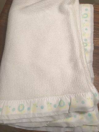 Curity Vtg Baby Blanket White Acrylic Waffle Weave Satin Edge Lion Bunny Unisex