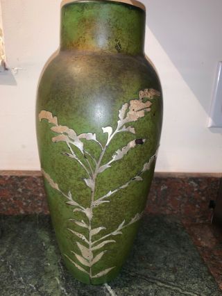 Large 12.  5” Antique Arts & Crafts Heintz Verde Bronze Vase Sterling Silver Inlay