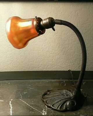 Antique Gooseneck Desk Lamp Cast Metal W/ Nuart Iridescent Art Deco Glass Shade