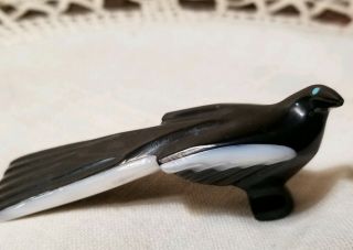 Native American Zuni Fetish Bird Carving Signed - Jet Black/mop