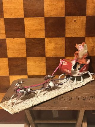 Unusual Vintage Christmas Occupied Japan Paper Mache Felt Santa Sled Reindeer
