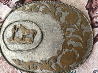 Large Vintage German Silver Western Belt Buckle,  Cowboy And Horse