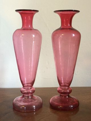 Pair Antique Blown Cranberry Glass Flower Vases Urns 19th C.  Rough Pontil Red
