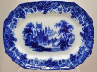 Antique Furnival " Gothic " 16 Inch Staffordshire Flow Blue Platter Circa 1850