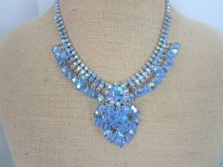 Stunning Vintage Blue Ab Rhinestone & Crystal Cascading Dangling Runway Necklace