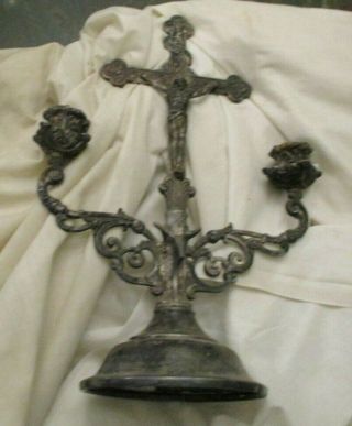 Antique Pewter? Crucifix Candelabra 12 " X 8 1/3 "