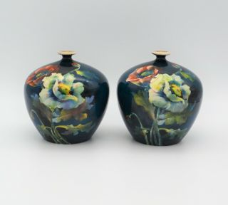 Royal Bonn Vases 1890 - 1920 Germany Hand Painted Floral Poppies Pair Antique