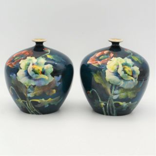 Royal Bonn Vases 1890 - 1920 Germany Hand Painted Floral Poppies Pair Antique 2