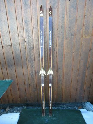 Vintage Hickory Wooden 70 " Skis With Dark Brown Wood Finish