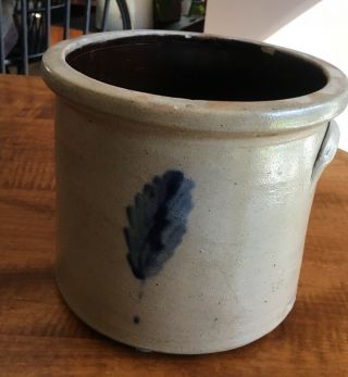Vintage Stoneware Crock With Cobalt Blue Feather Or Leaf.
