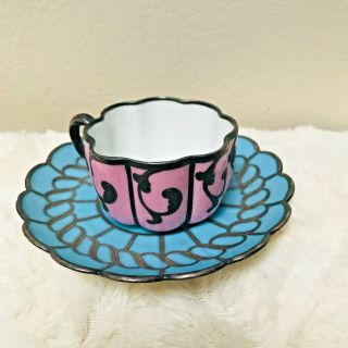 Antique French Porcelain Teacup Silver Overlay Demitasse Argent Fin Signed Pink