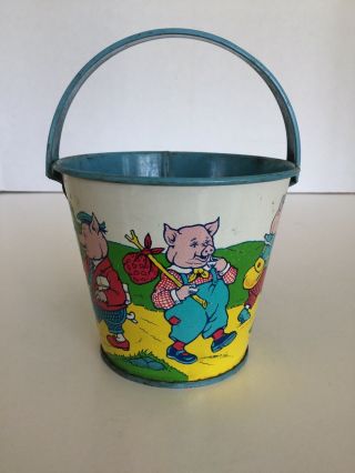 Vintage " The Three Little Pigs " Small Tin Litho Sand Pail By J.  Chein Tin Bucket