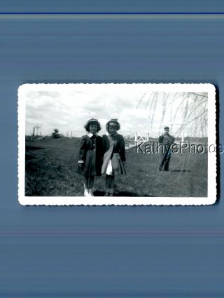 Found B&w Photo C,  5779 Girls In Dresses Side By Side,  Boy In Overalls