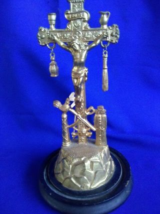Rare Antique Crucifix W/ Jesus Rooster Ladder Lantern Skull & Crossbones Sword