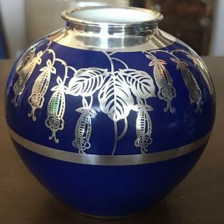 Antique Silberporzellan Cobalt Blue Silver Overlay Vase Floral