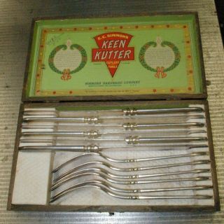 Keen Kutter 12 Pc Silver Flatware Set In Oak Box Interior Lithographed Label