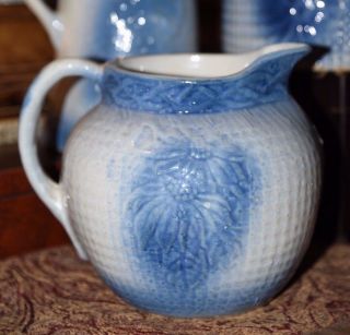 Antique Vtg Blue & White Salt Glaze Stoneware Pitcher Floral & Basket Weave Jug