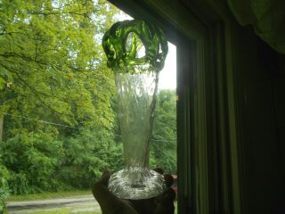 Antique Pontiled Hand Blown Art Glass Vase With Crude Applied Green Glass Dome