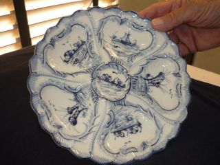 VINTAGE WEIMER BLUE AND WHITE OYSTER PLATE/DISH AND MARKED 2