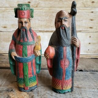 Vintage Chinese Hand Carved Wood Sculptures Antique Immortal Wise Men Figurines