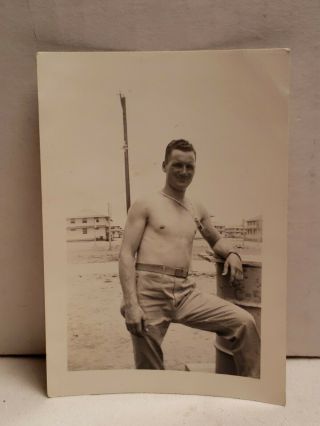 Beefcake Bulge Handsome Young Soldier Gay Interest Vintage Photo Shirtless B37