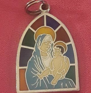 Sterling Silver Enamel Stained Glass Virgin Mary Jesus Miraculous Medal Pendant