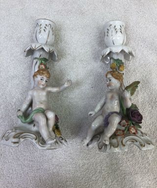 Antique Dresden Porcelain Candle Holders Von Schierholz Cherubs