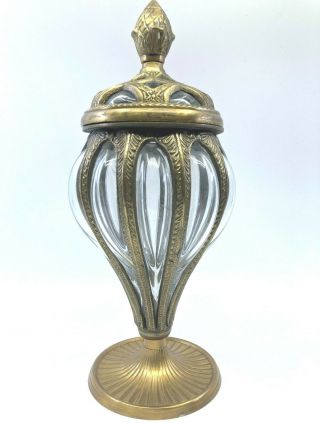 Vintage Unique Ornate Brass And Thick Bubble Glass Urn Jar 11 " Spectacular