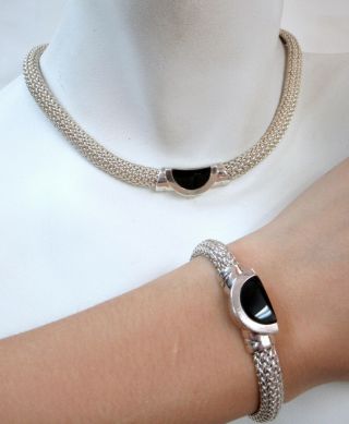 Vintage Movado 18k White Gold / Sterling Silver / Onyx Bracelet & Necklace Set